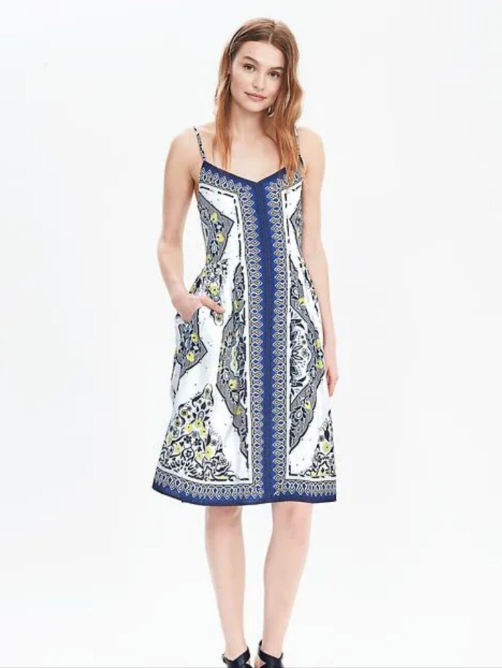 Banana Republic Multiprint Strappy Blue White Yellow Midi Slip Dress 6 Tall
